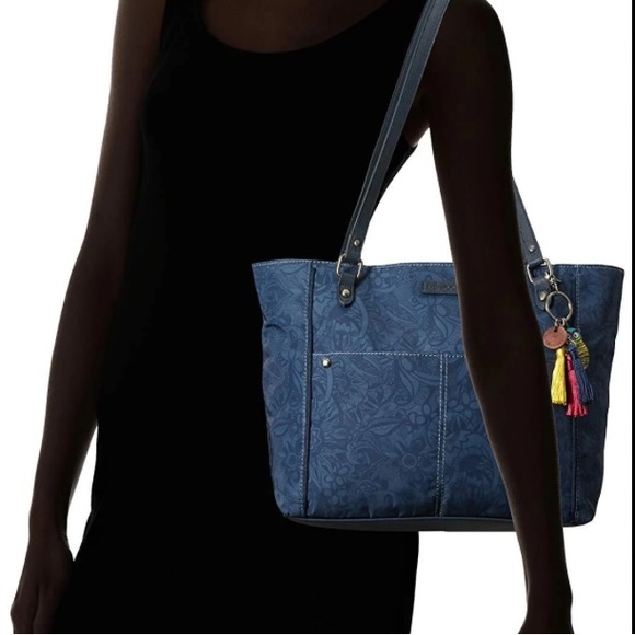 new Sakroots metro tote purple floral recycled vegan medium owl charm tassle - Picture 13 of 14